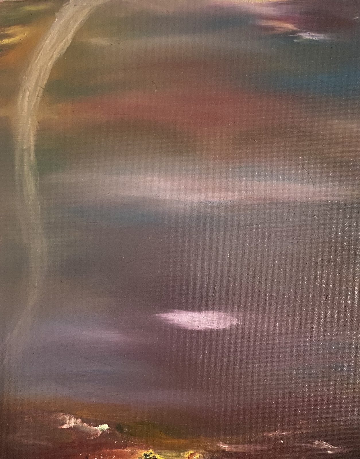 Pintura al óleo sobre lienzo en tonos violeta, vino y ocre, con una franja clara y curva a la izquierda y una mancha blanca al centro.