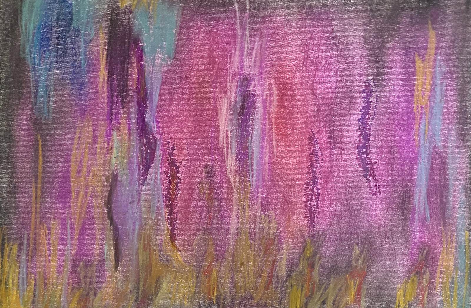 Pastel sobre papel oscuro con trazos verticales en magenta, violeta, azul turquesa y ocre que descienden hacia la parte inferior.